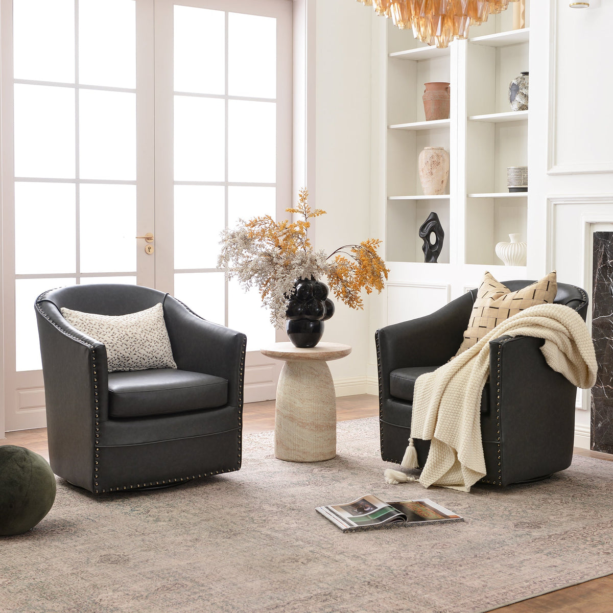 Lawton Faux Leather Tufted Swivel Barrel Chair