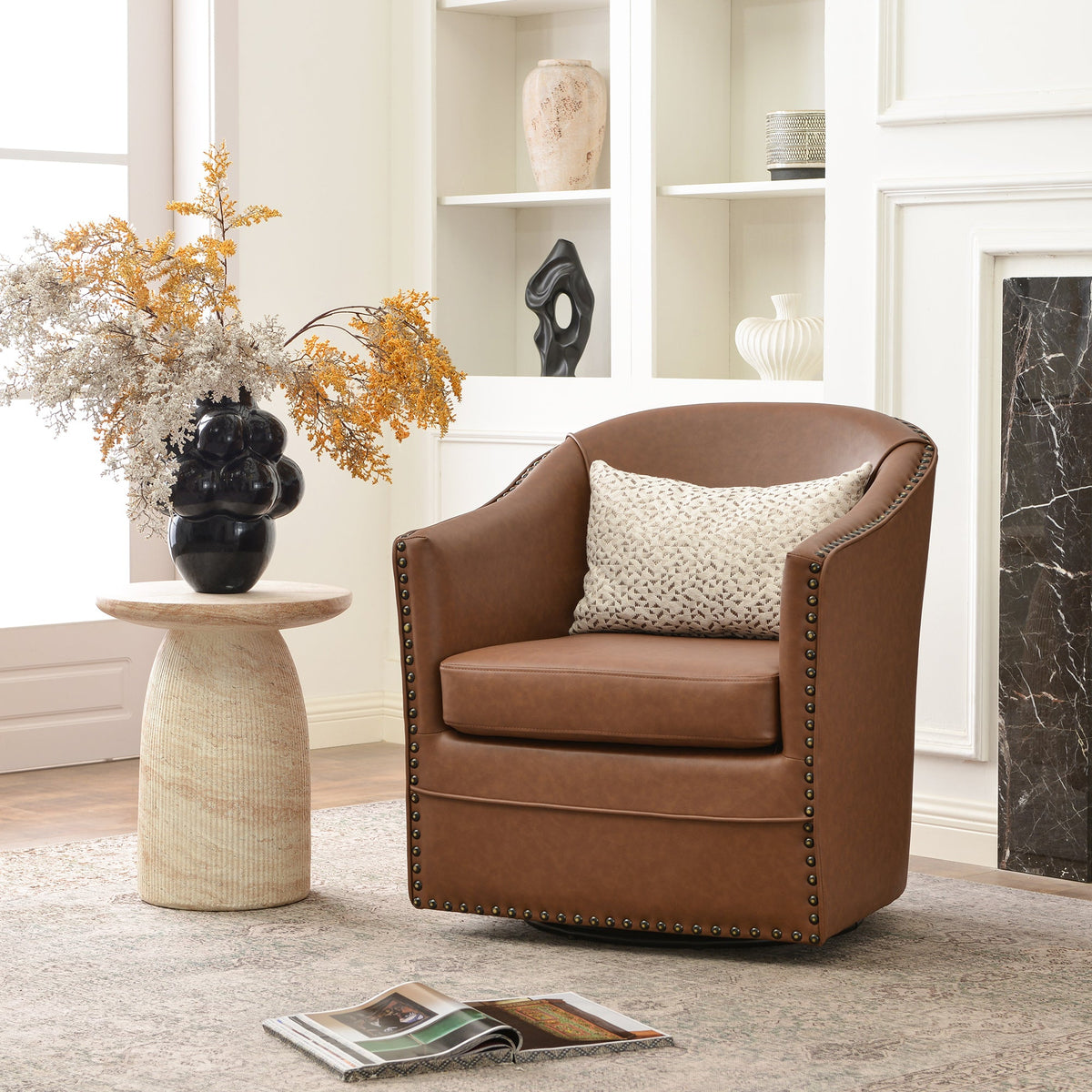 Lawton Faux Leather Tufted Swivel Barrel Chair