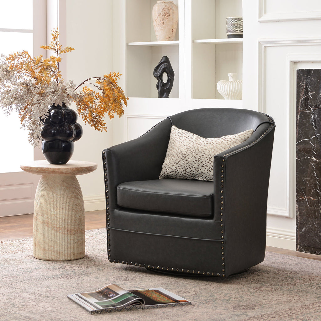 Lawton Faux Leather Tufted Swivel Barrel Chair