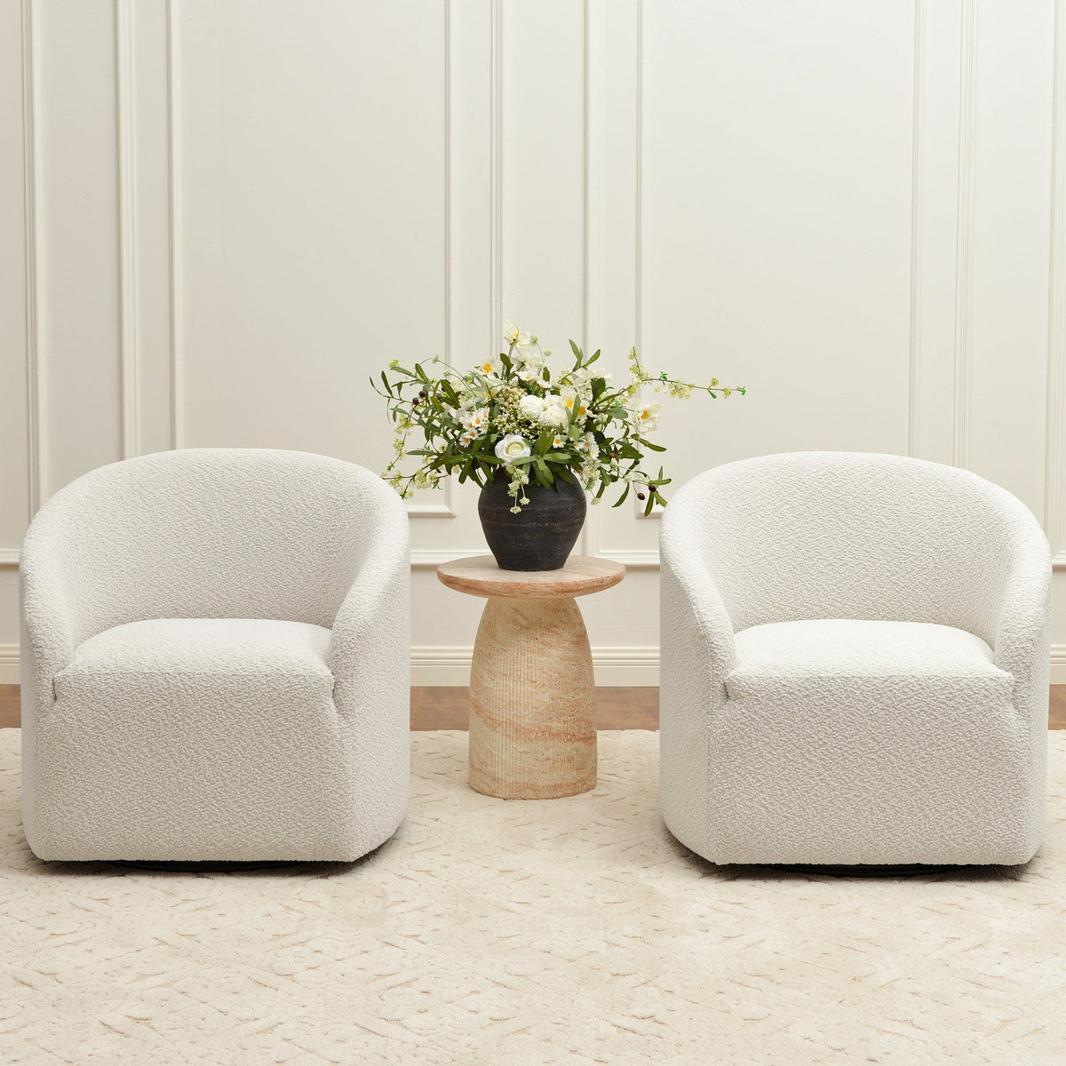 Susie Bouclé Swivel Barrel Chair