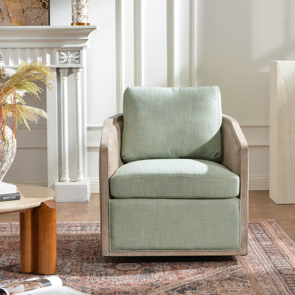 Claude Linen Swivel Cane Chair