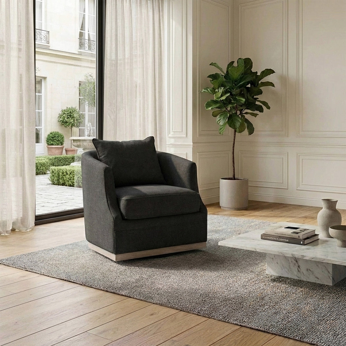 Minerva Linen Swivel Barrel Chair