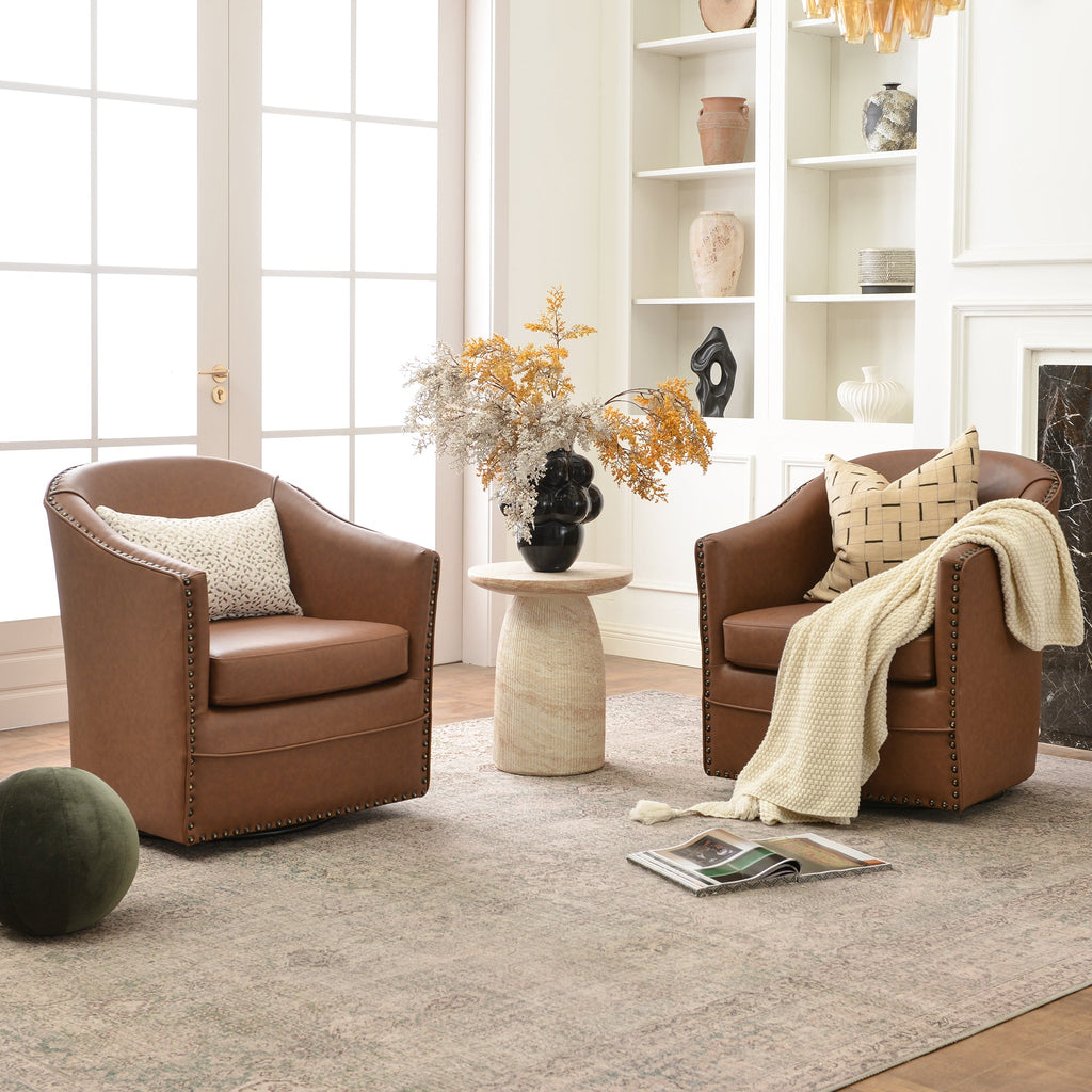 Lawton Faux Leather Tufted Swivel Barrel Chair