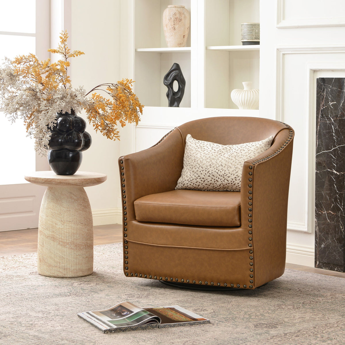 Lawton Faux Leather Tufted Swivel Barrel Chair