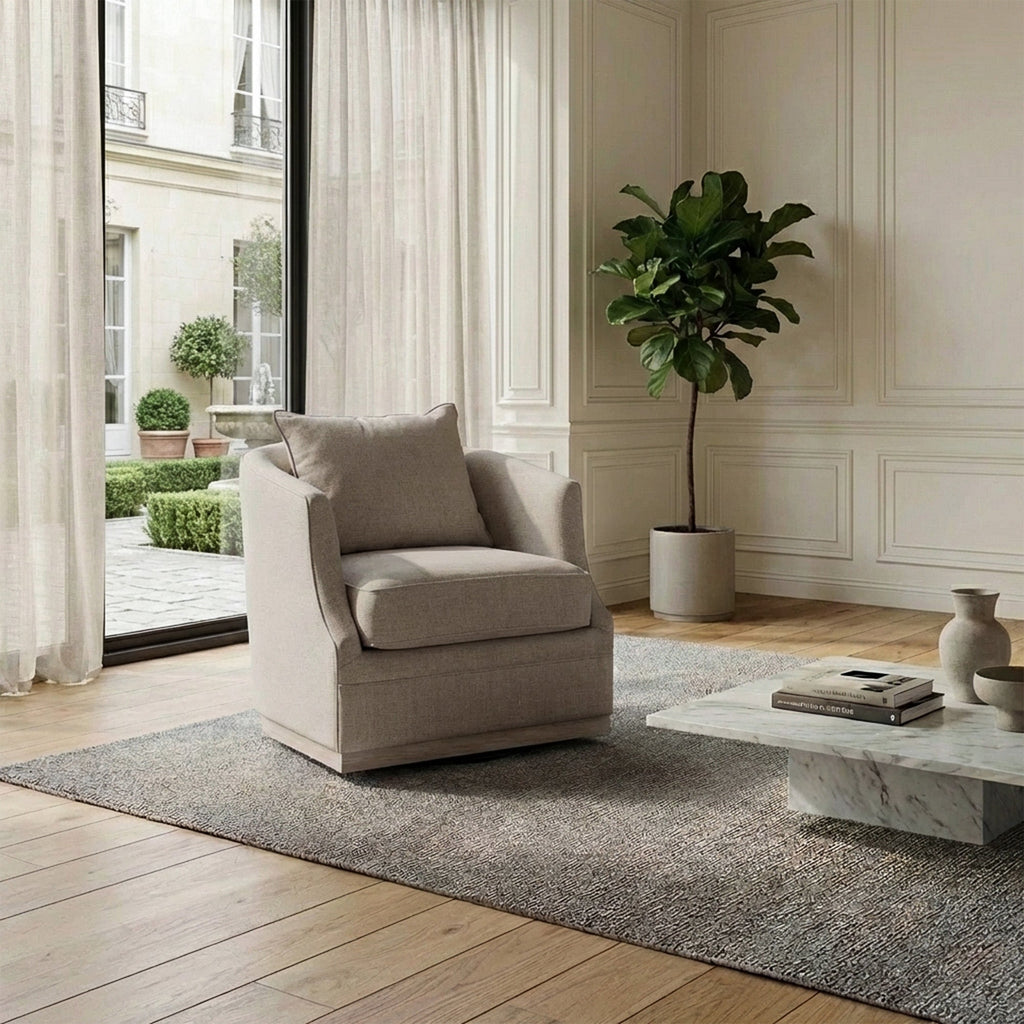 Minerva Linen Swivel Barrel Chair