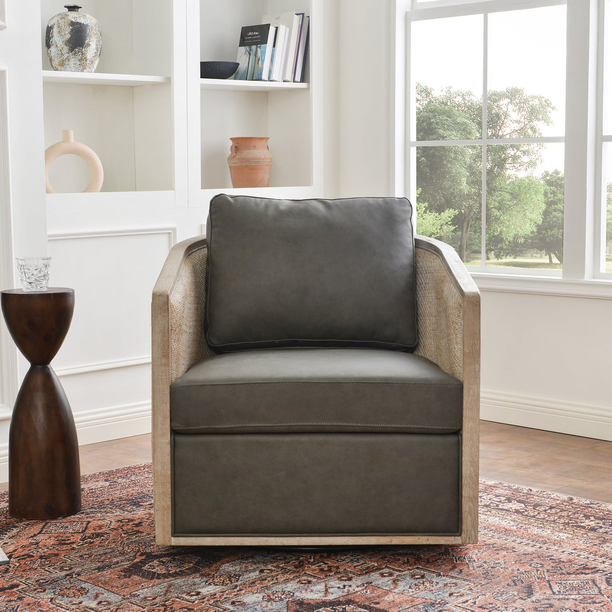 Claude Premium Leather Swivel Cane Chair