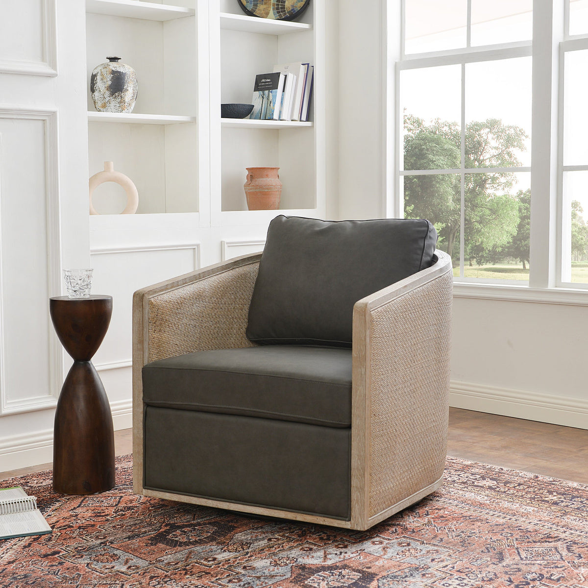 Claude Premium Leather Swivel Cane Chair
