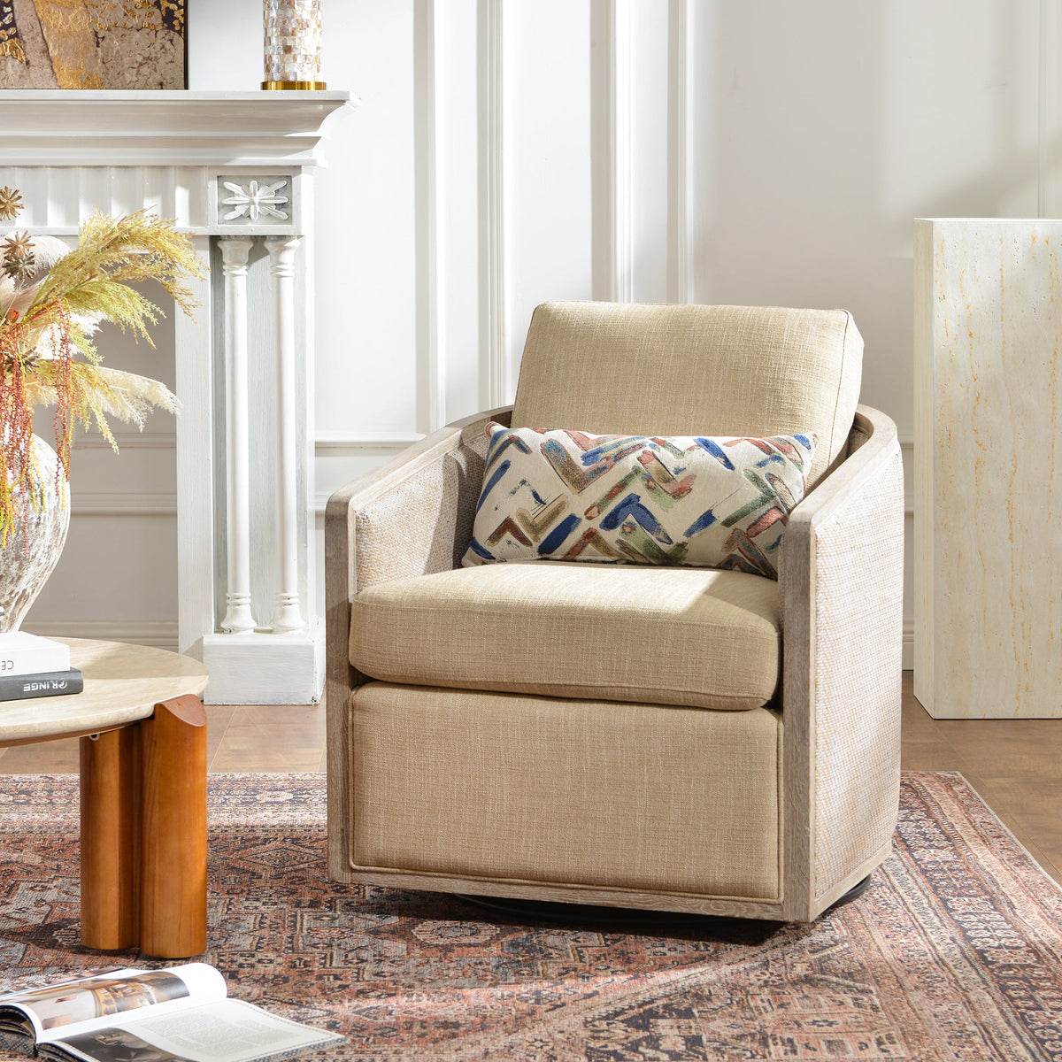 Claude Linen Swivel Cane Chair