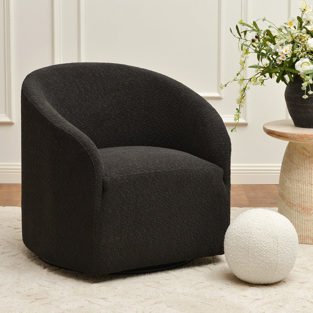 Susie Bouclé Swivel Barrel Chair
