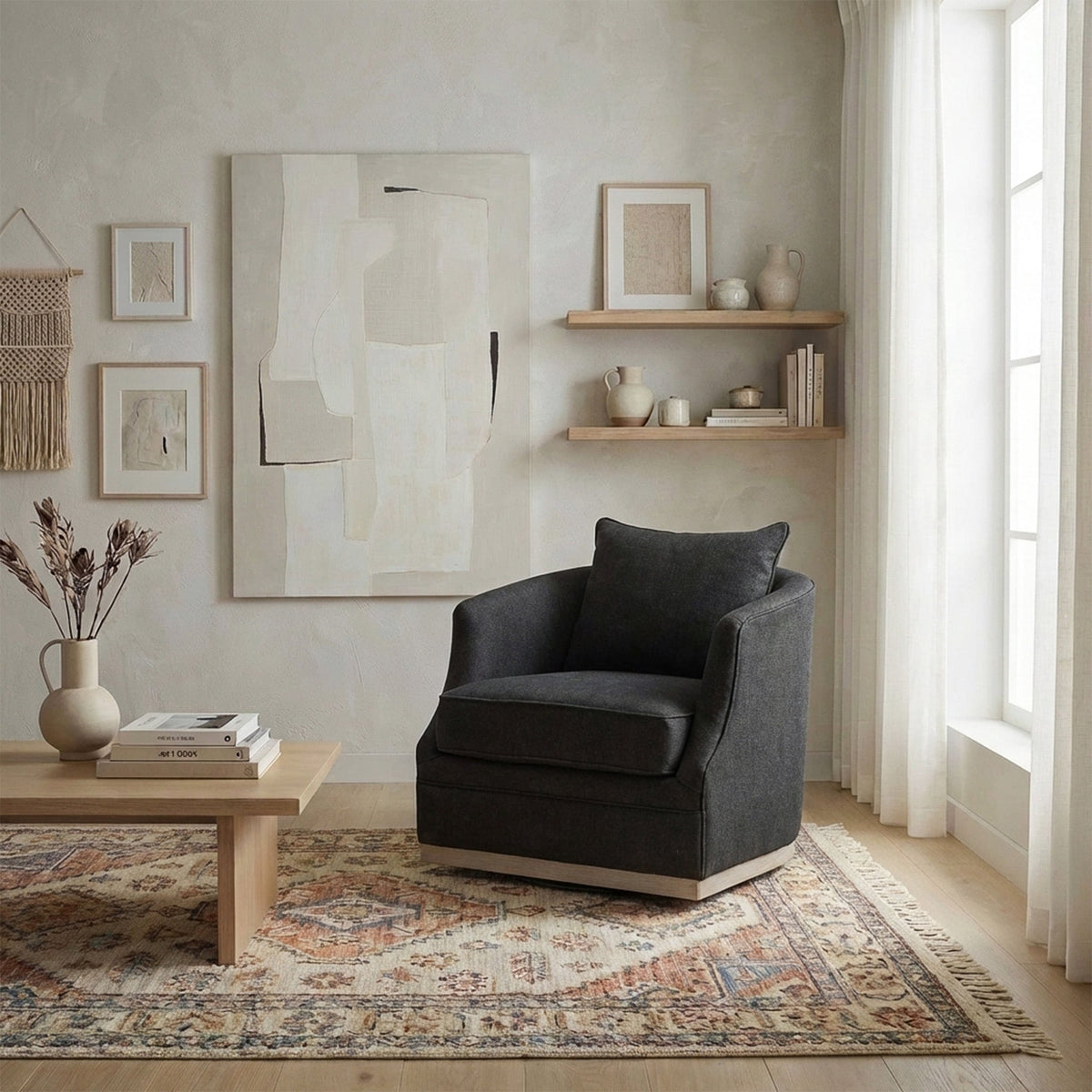 Minerva Linen Swivel Barrel Chair