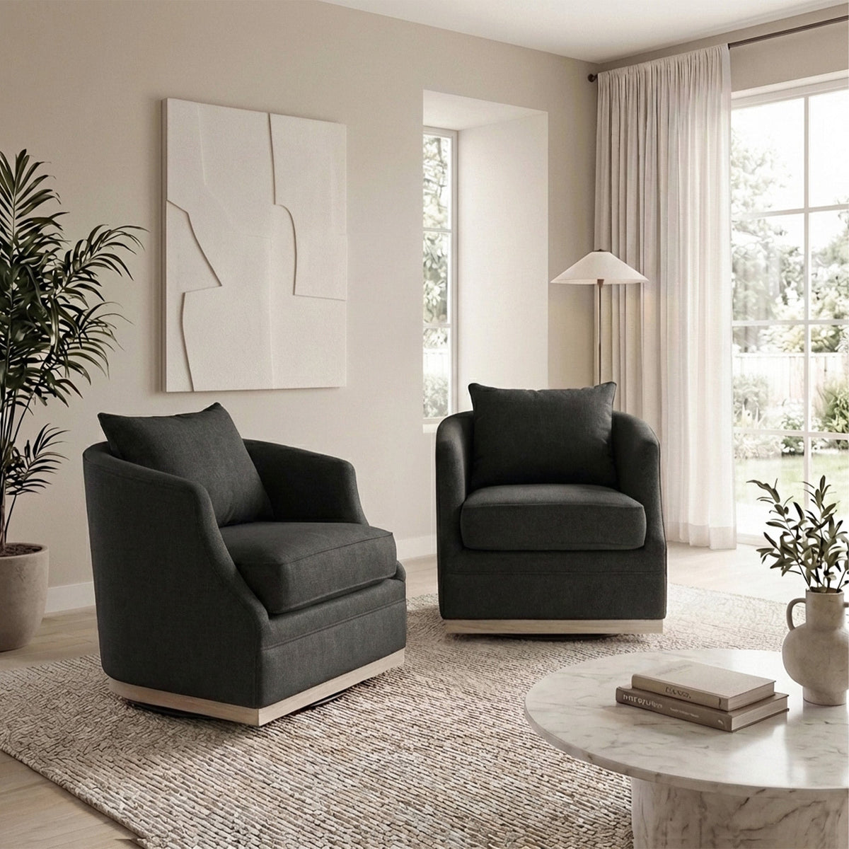 Minerva Linen Swivel Barrel Chair