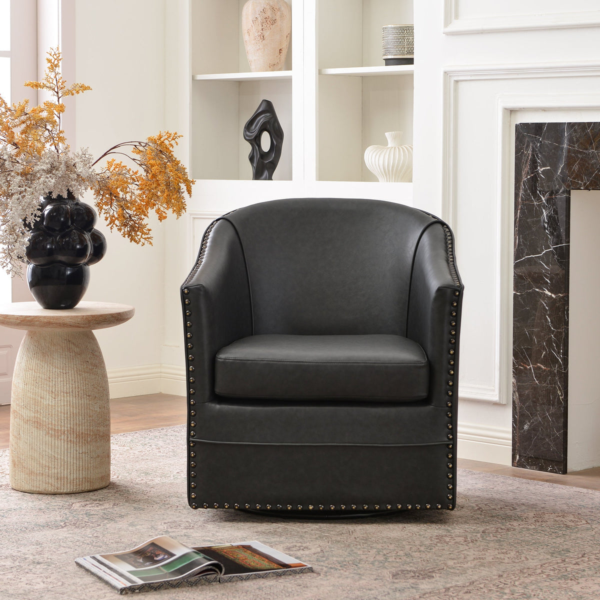 Lawton Faux Leather Tufted Swivel Barrel Chair