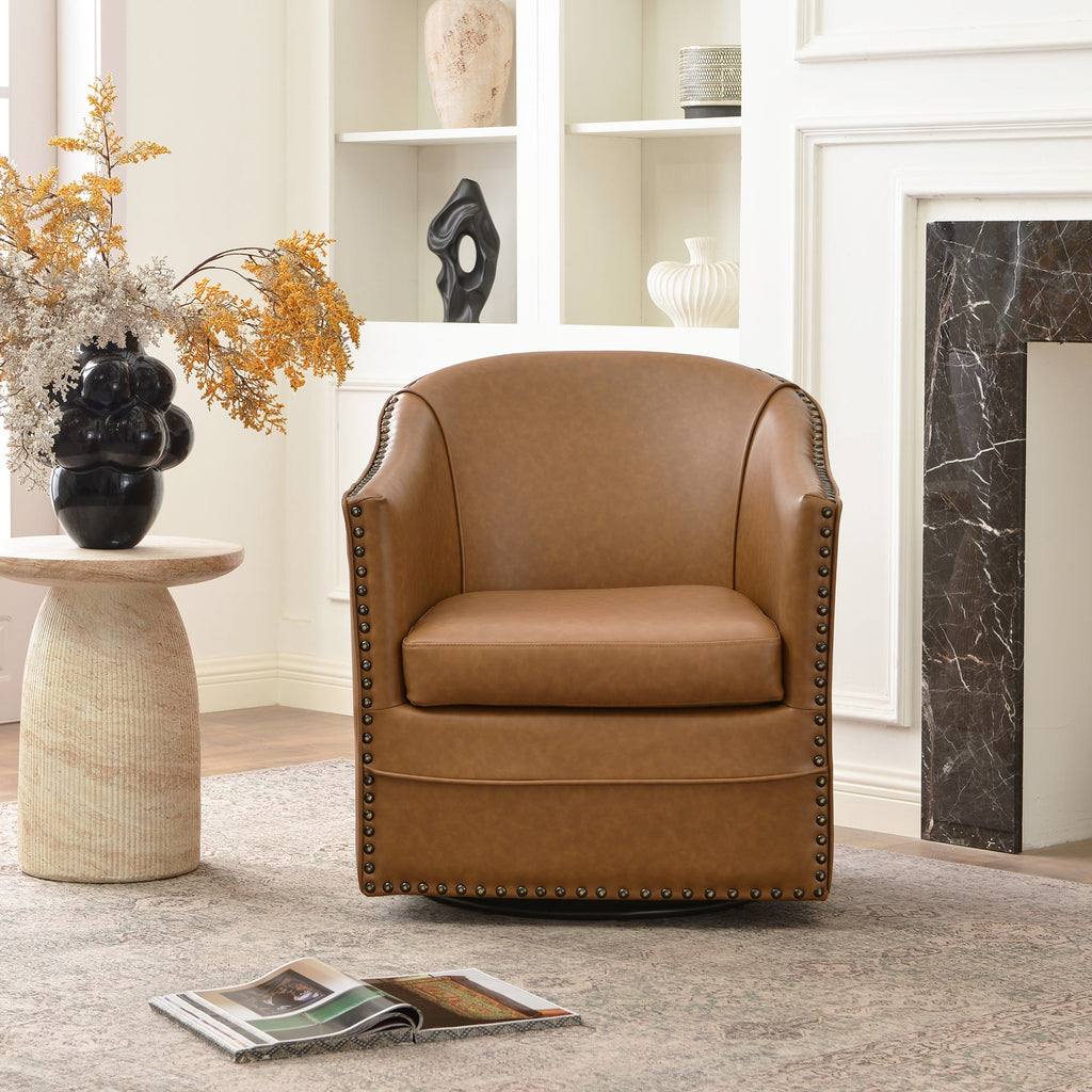 Lawton Faux Leather Tufted Swivel Barrel Chair