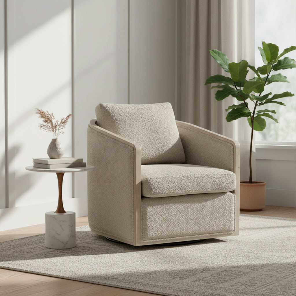 Claude Bouclé Swivel Barrel Chair