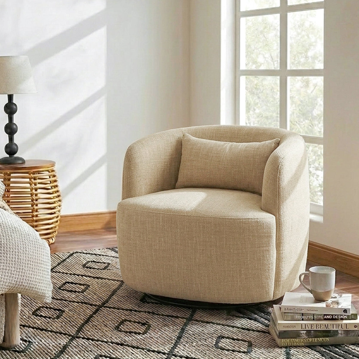Ashlie Linen Swivel Barrel Chair