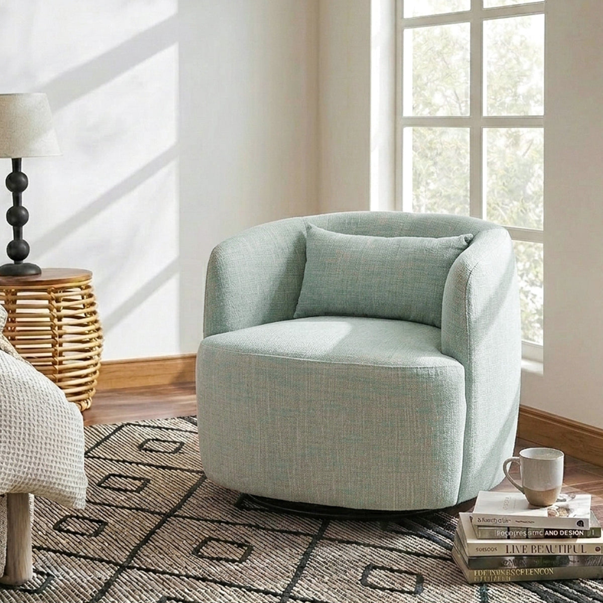 Ashlie Linen Swivel Barrel Chair