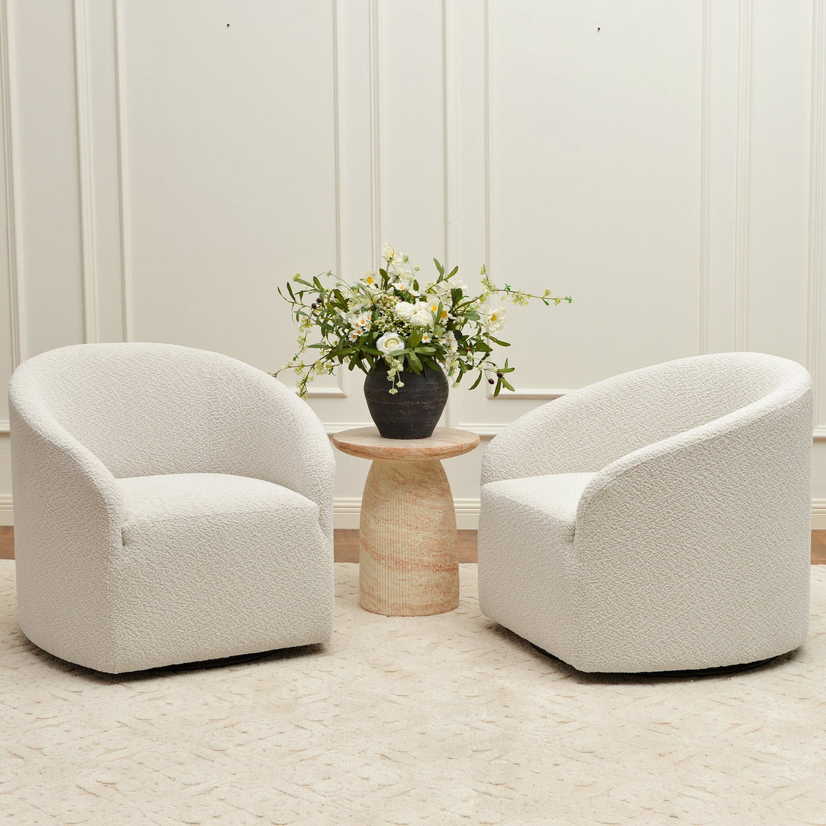 Susie Bouclé Swivel Barrel Chair