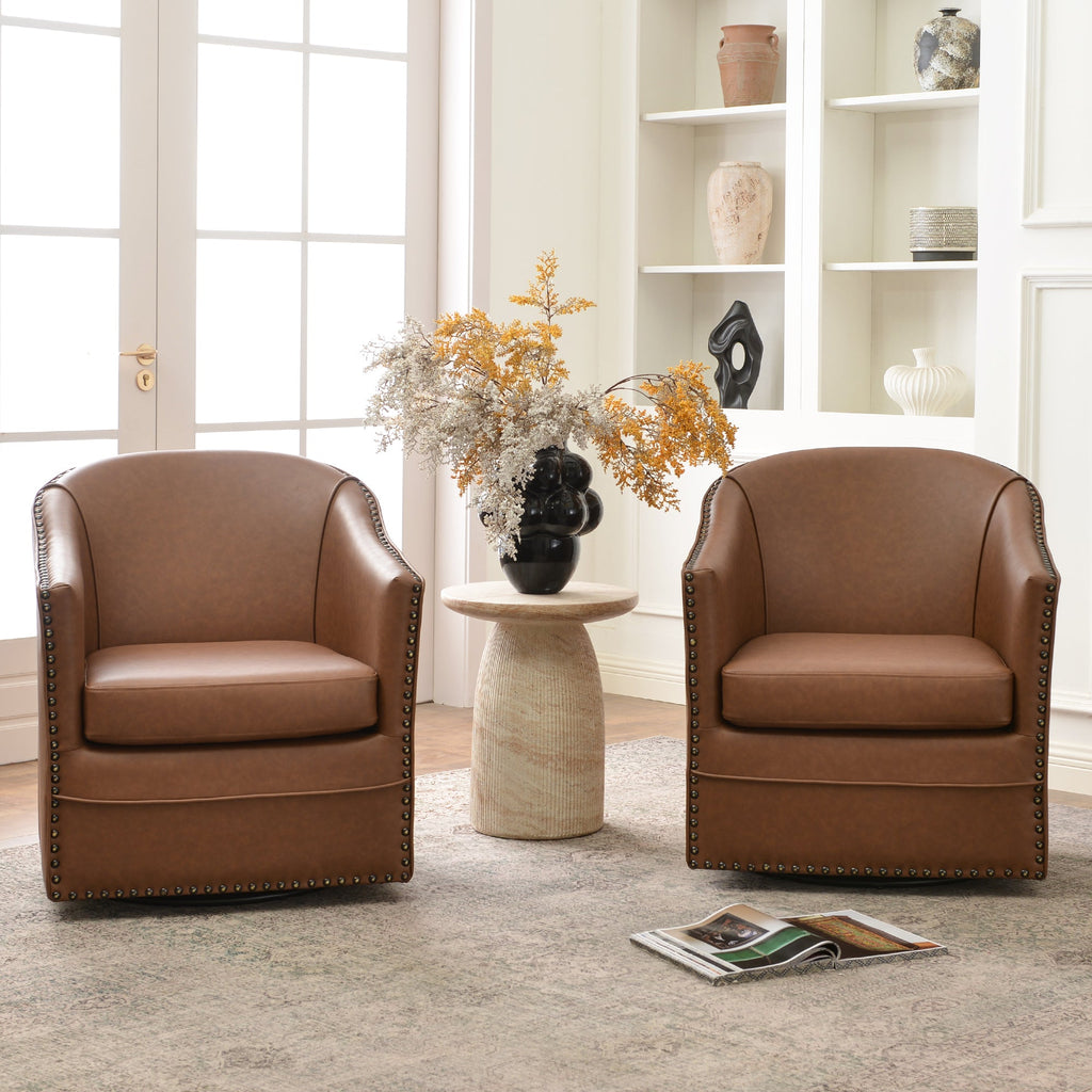 Lawton Faux Leather Tufted Swivel Barrel Chair