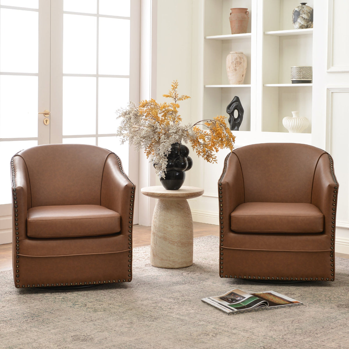 Lawton Faux Leather Tufted Swivel Barrel Chair