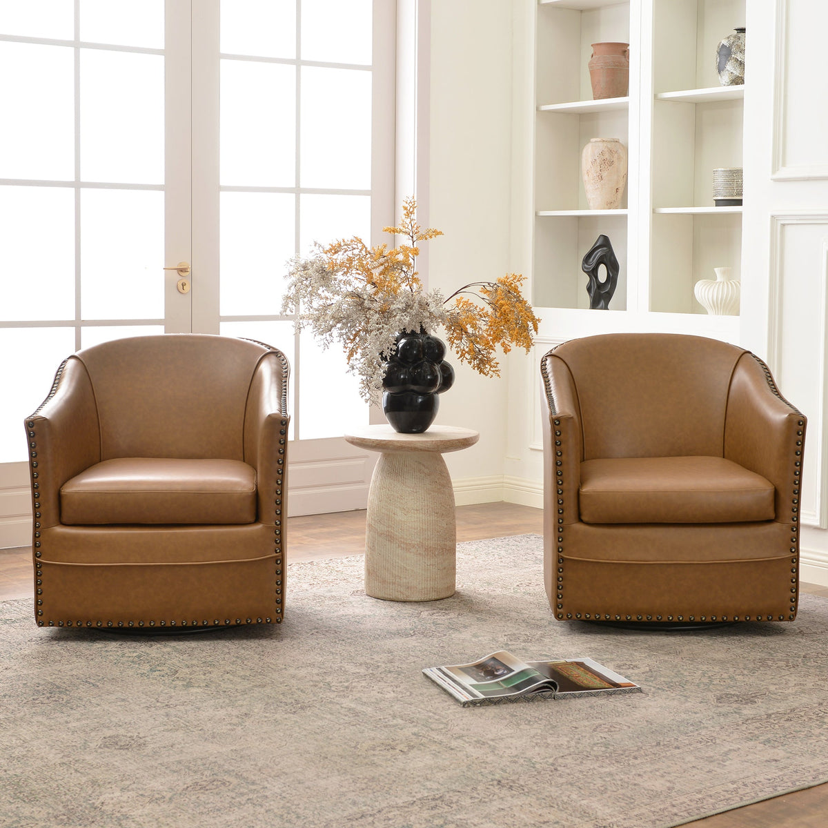 Lawton Faux Leather Tufted Swivel Barrel Chair