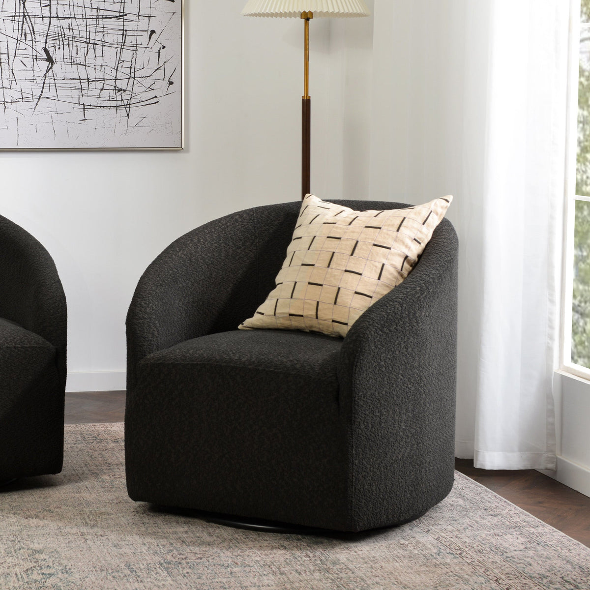 Susie Bouclé Swivel Barrel Chair